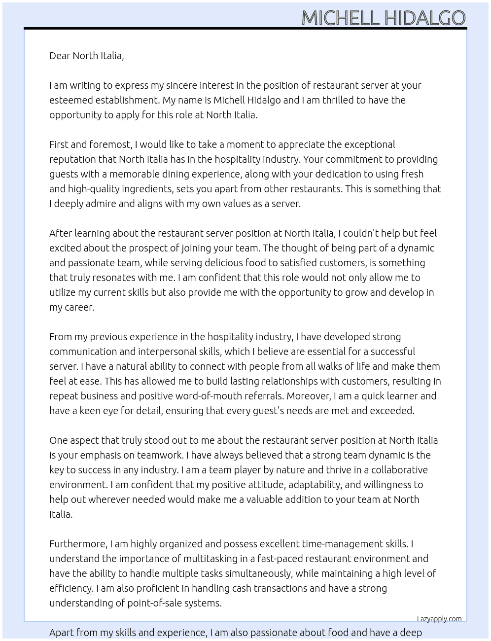 restaurant server At North Italia Cover Letter