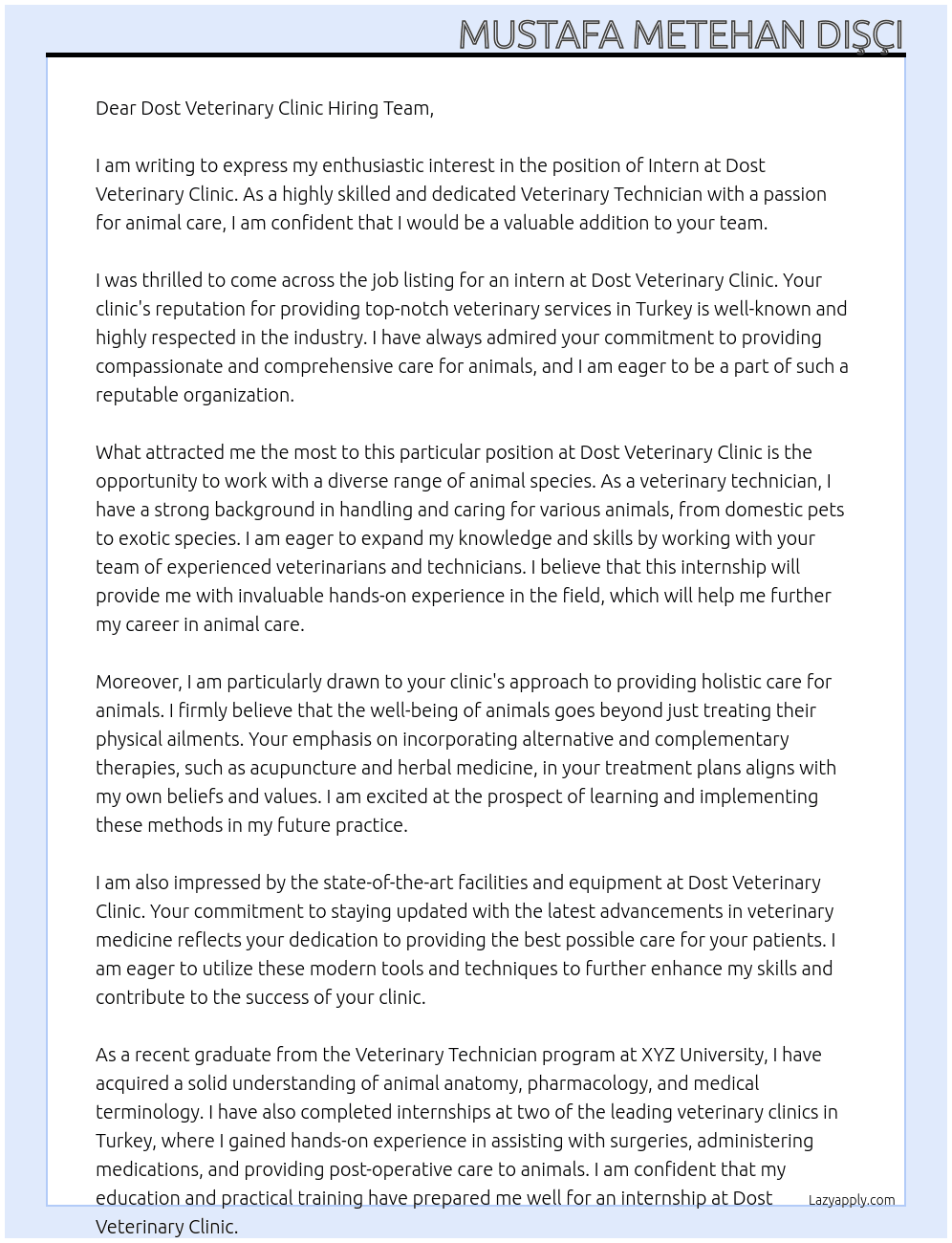 Intern At Dost Veterinary Clinic Cover Letter