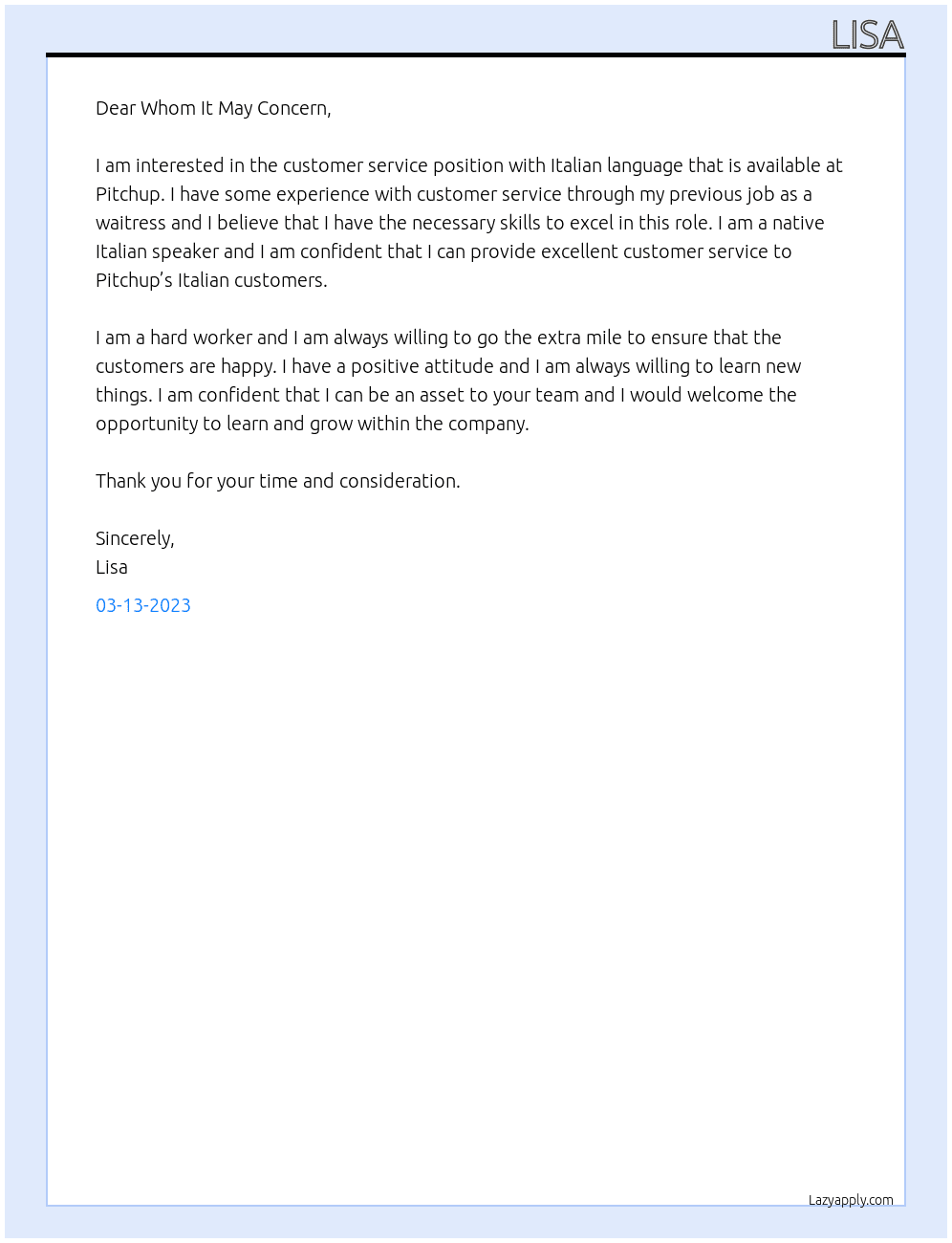 costumer service with italian language At Pitchup Cover Letter