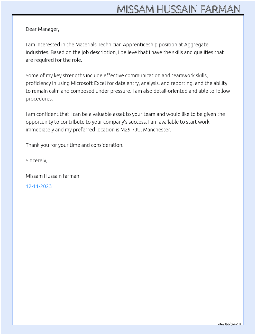 Materials Technician Apprenticeship At Aggregate Industries Cover Letter
