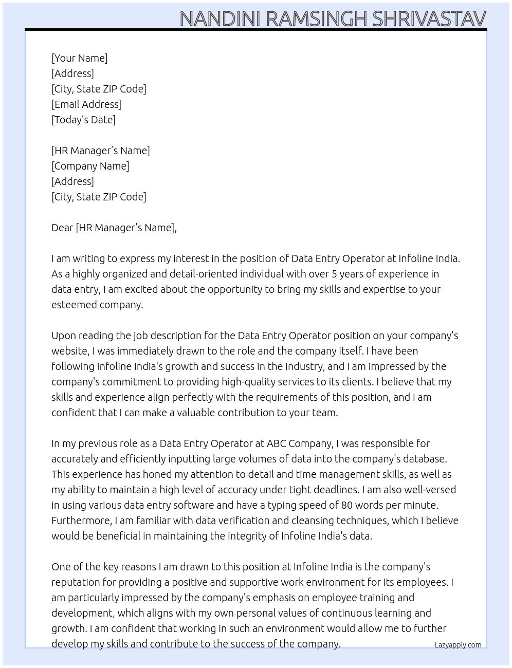 Data entry operator  At Infoline India  Cover Letter