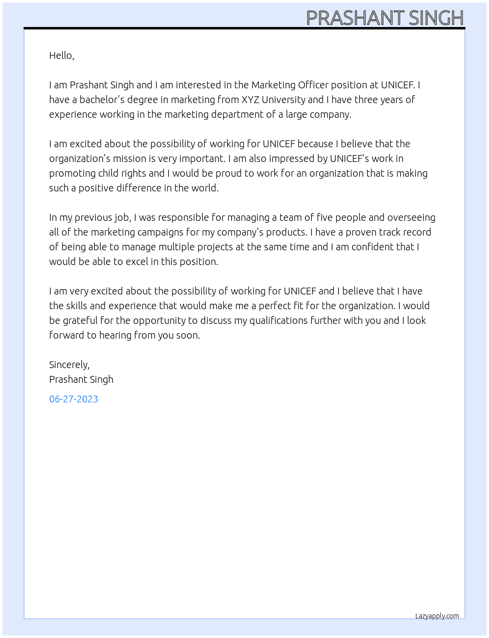  Marketing Officer At UNICEF Cover Letter