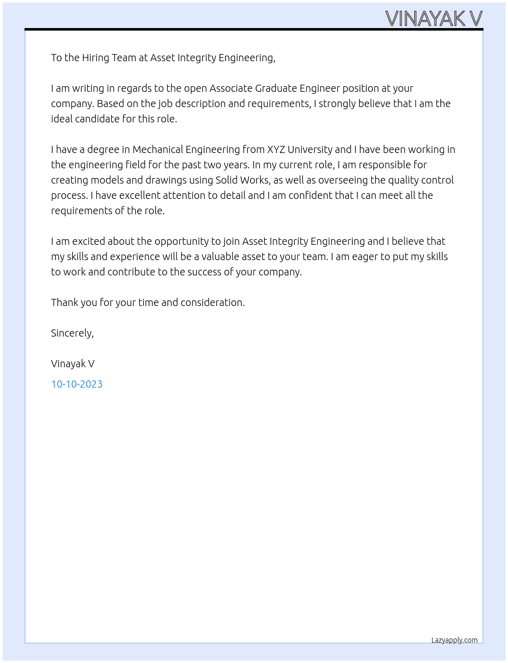 Associate graduate engineer At Asset Integrity Engineering Cover Letter