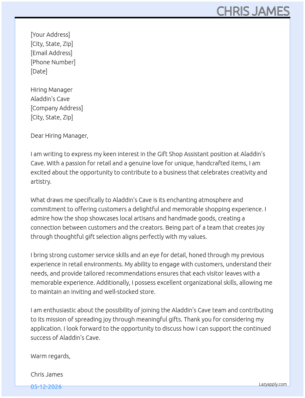 Gift shop assistant At Aladdin's Cave Cover Letter