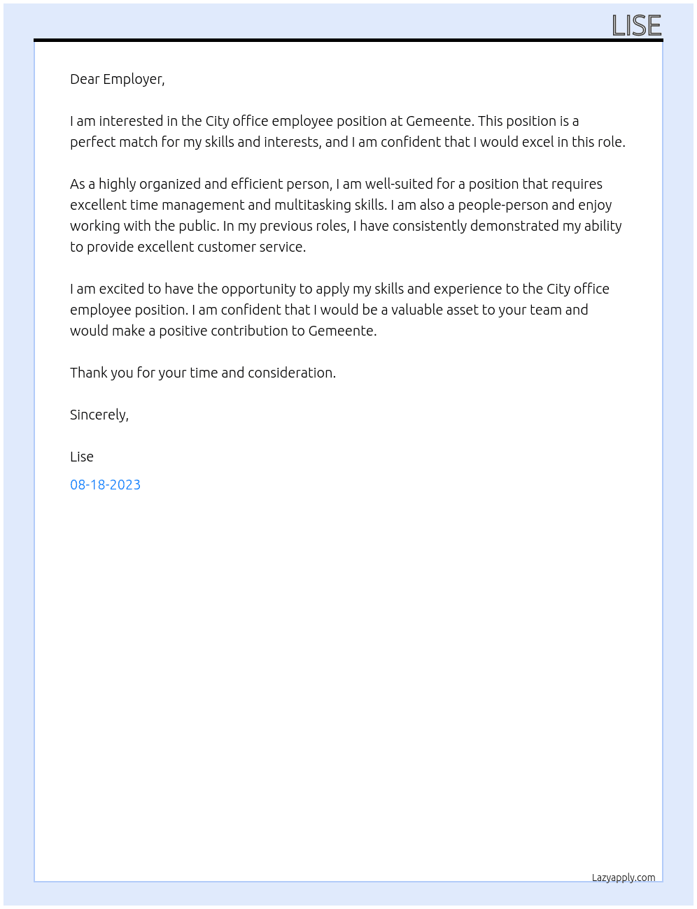 City office employee At Gemeente Cover Letter