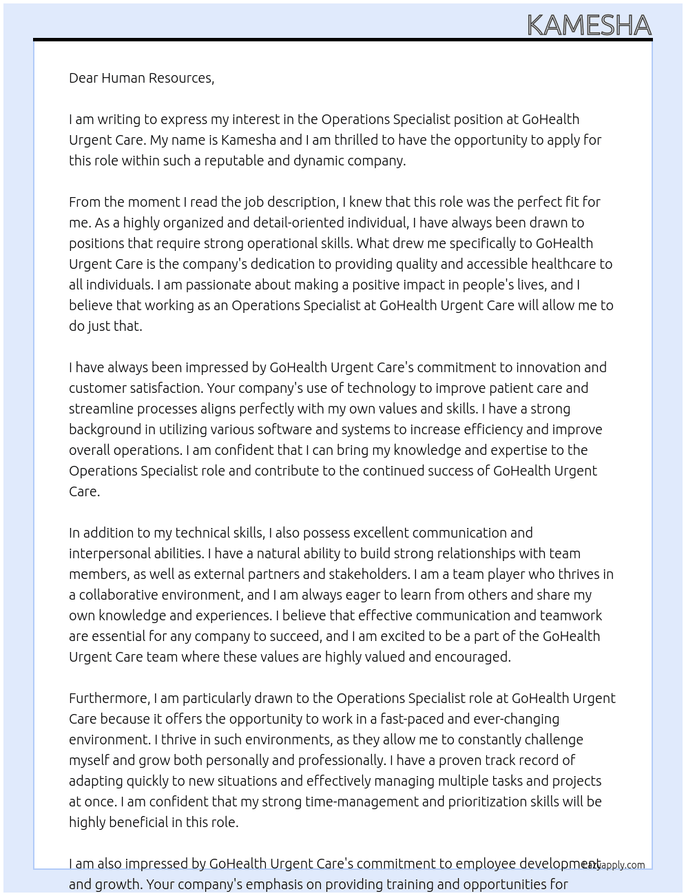 Operations Specialist At GoHealth Urgent Care Cover Letter