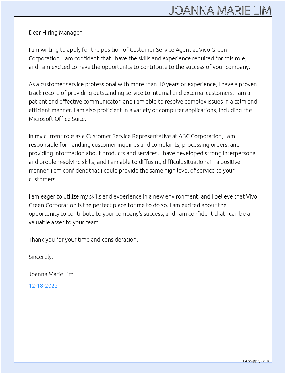 Customer service agent At Vivo Green Corporation Cover Letter