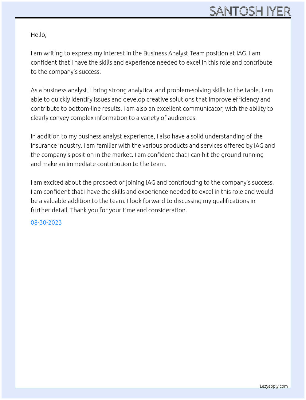 Business Analyst At IAG Cover Letter