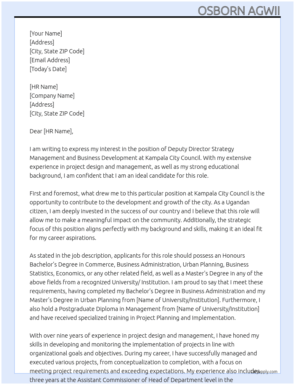 DEPUTY DIRECTOR STRATEGY MANAGEMENT AND BUSINESS DEVELOPMENT At Kampala City Council Cover Letter