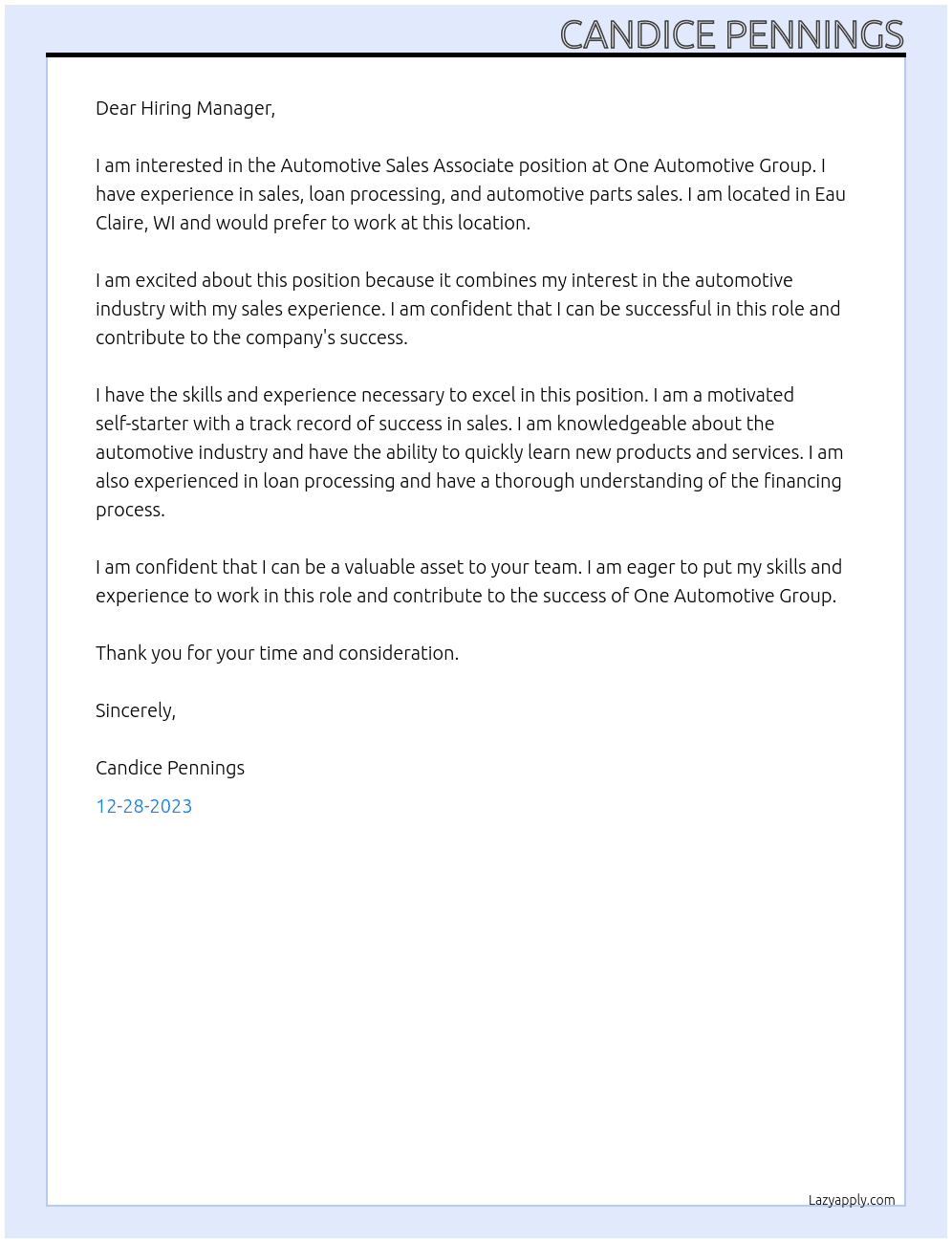 Automotive Sales Associate At One Automotive Group Cover Letter