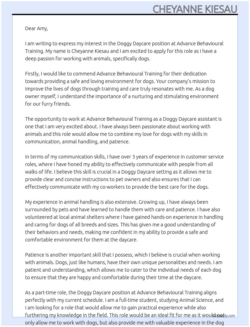 doggy daycare At Advance Behavioural Training Cover Letter