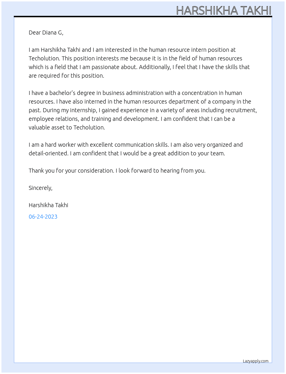 Human Resource Intern  At Techolution  Cover Letter