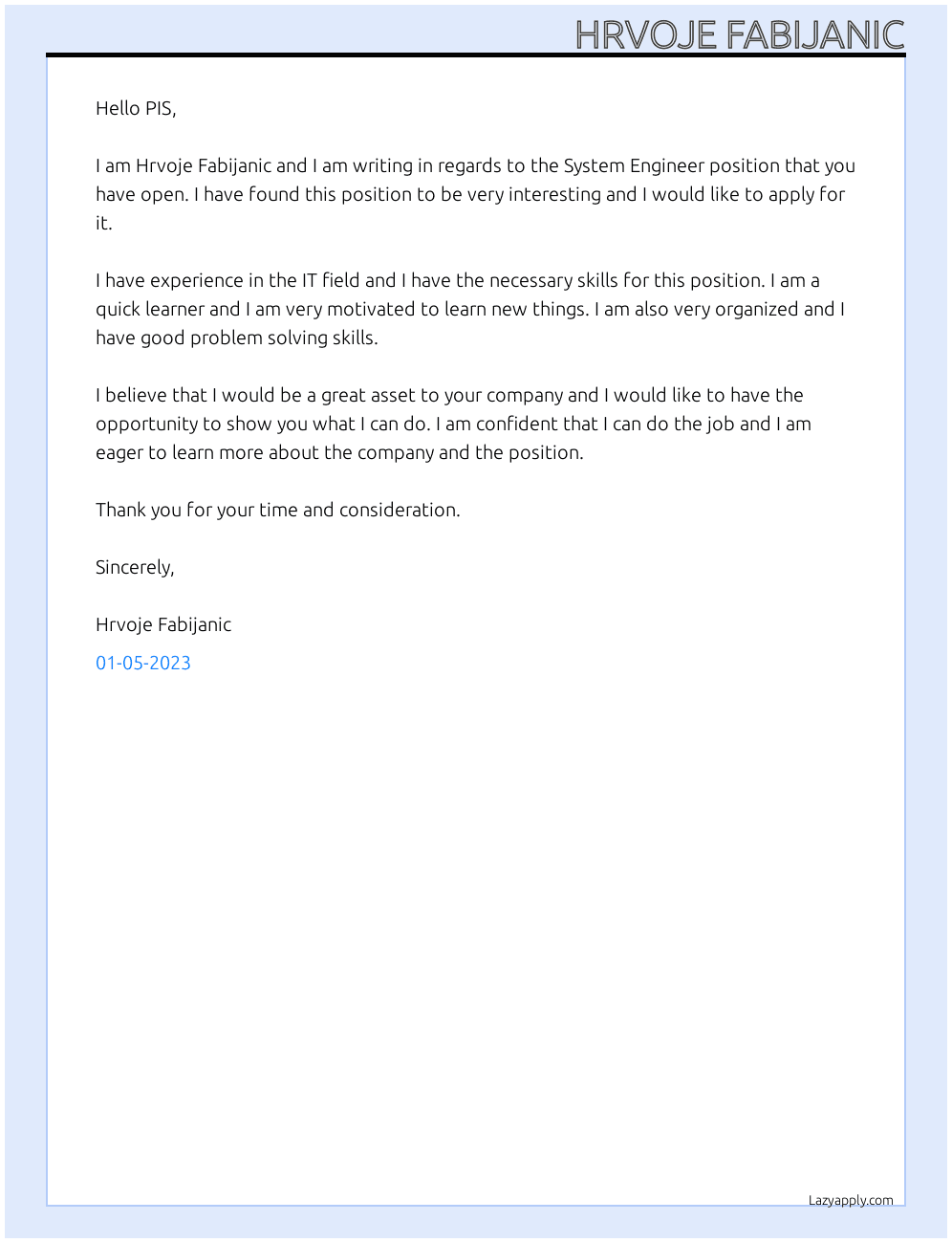 System Engineer At PIS Cover Letter