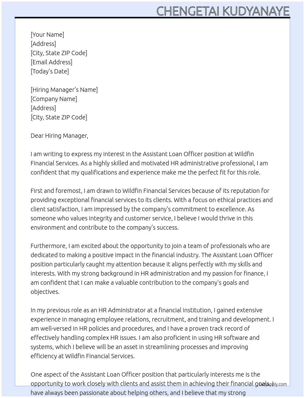 Assistant Loan Officer  At Wildfin Financial services Cover Letter