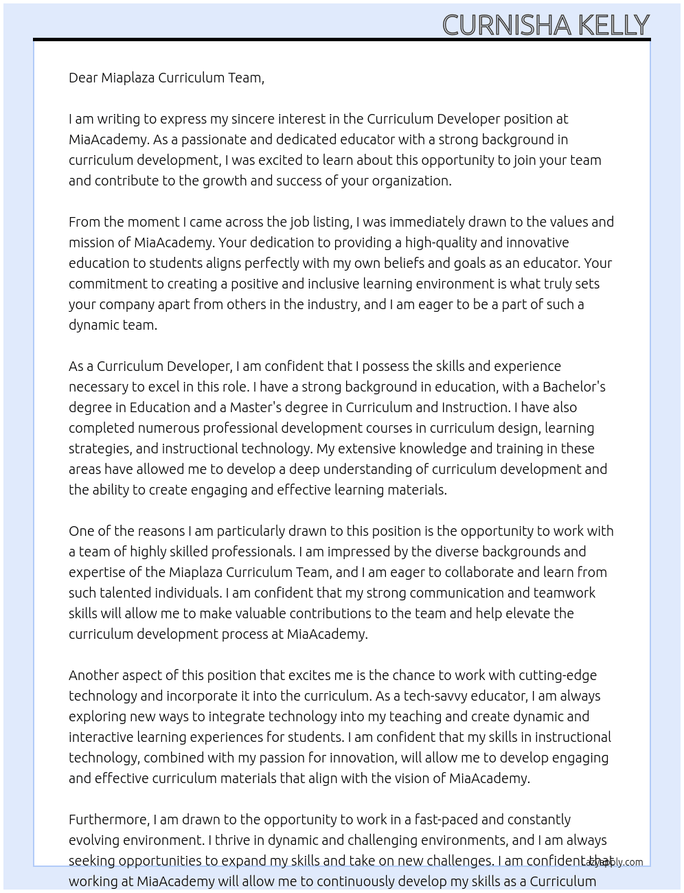 Curriculum Developer At MiaAcademy Cover Letter