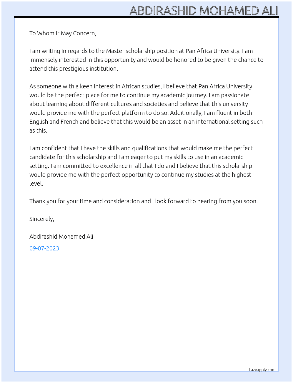 Scholarship  At Pan Africa University  Cover Letter