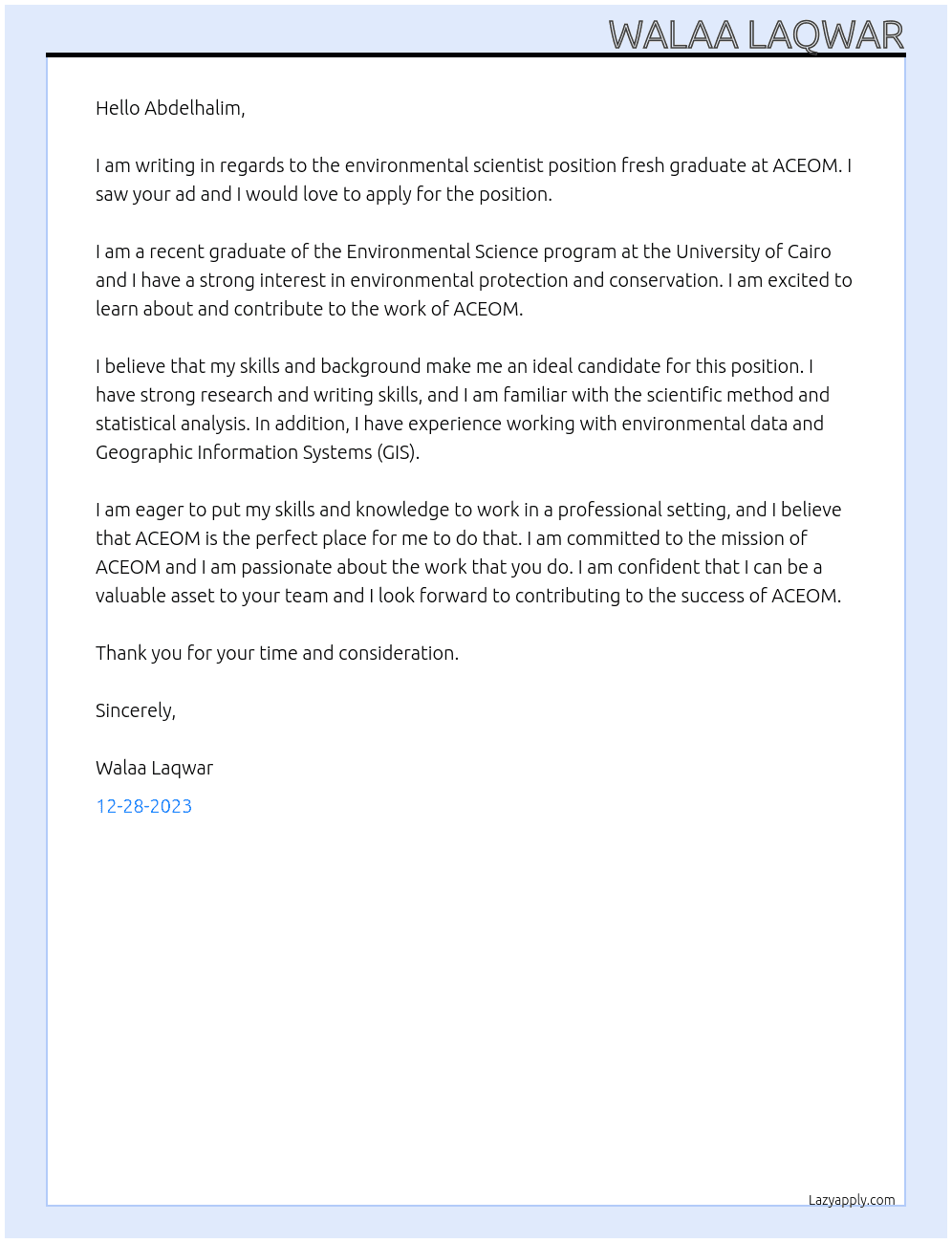 Environmental scientists fresh graduate  At ACEOM Cover Letter