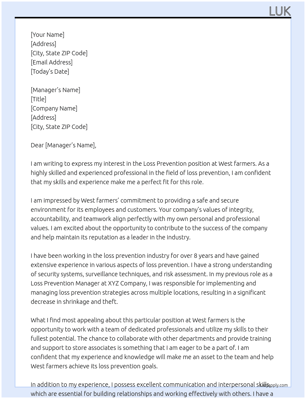 Loss prevention  At West farmers Cover Letter