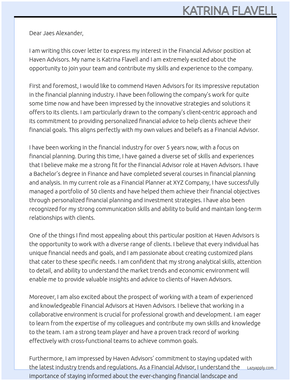 Financial Advisor At Haven AAdvisors Cover Letter
