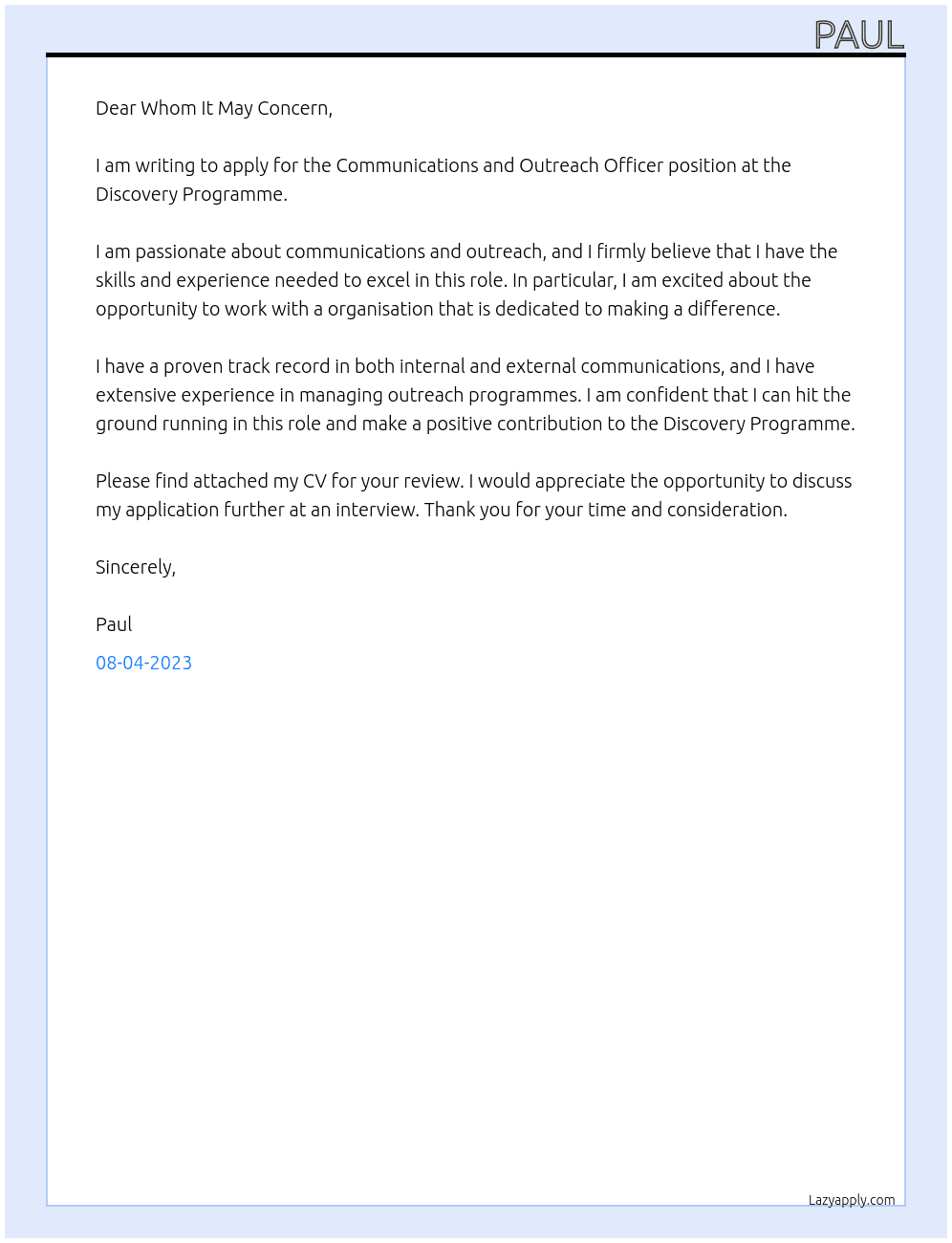 Communications and Outreach Officer At Discovery programme Cover Letter