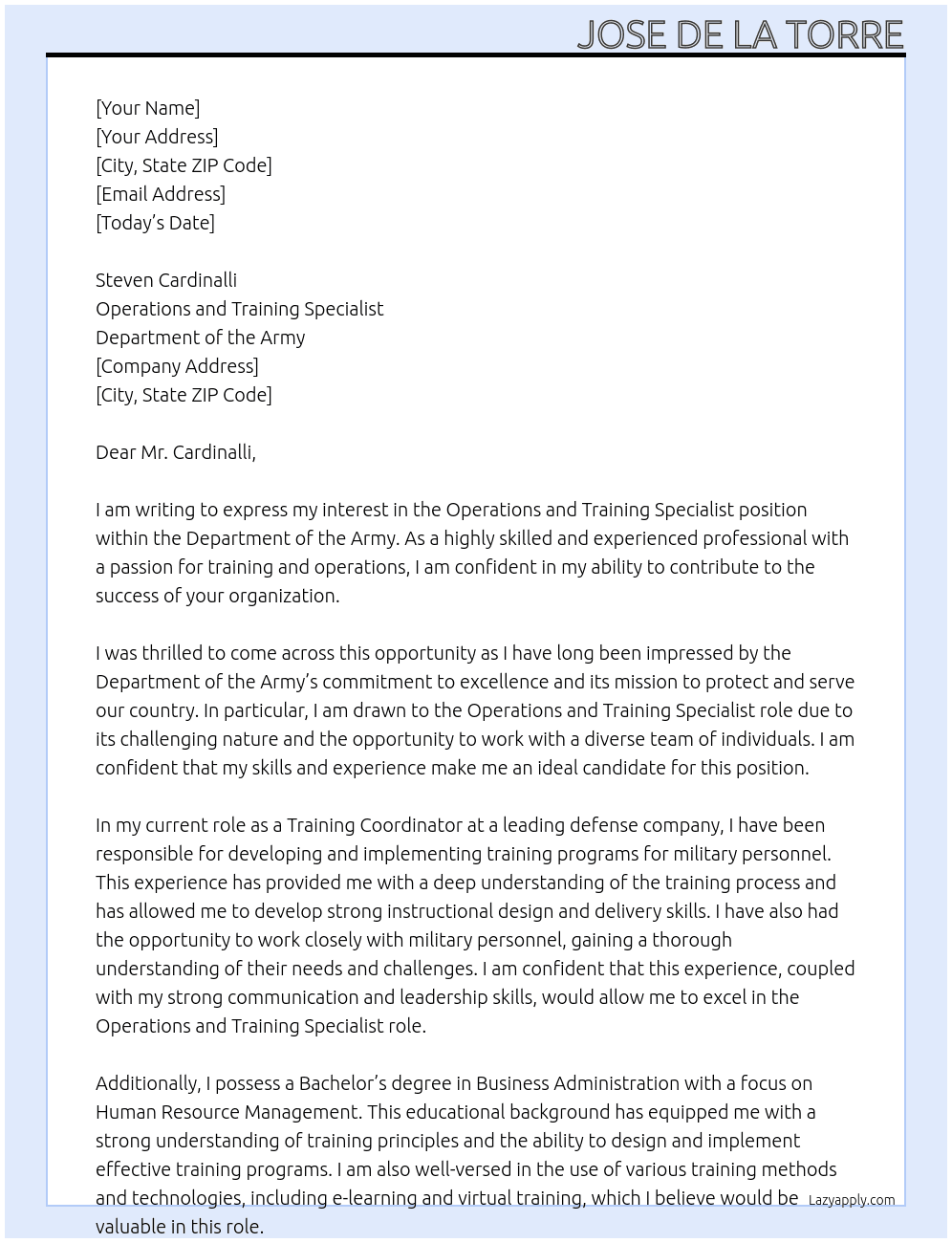 Operations and Training Specialist At Department of the Army Cover Letter