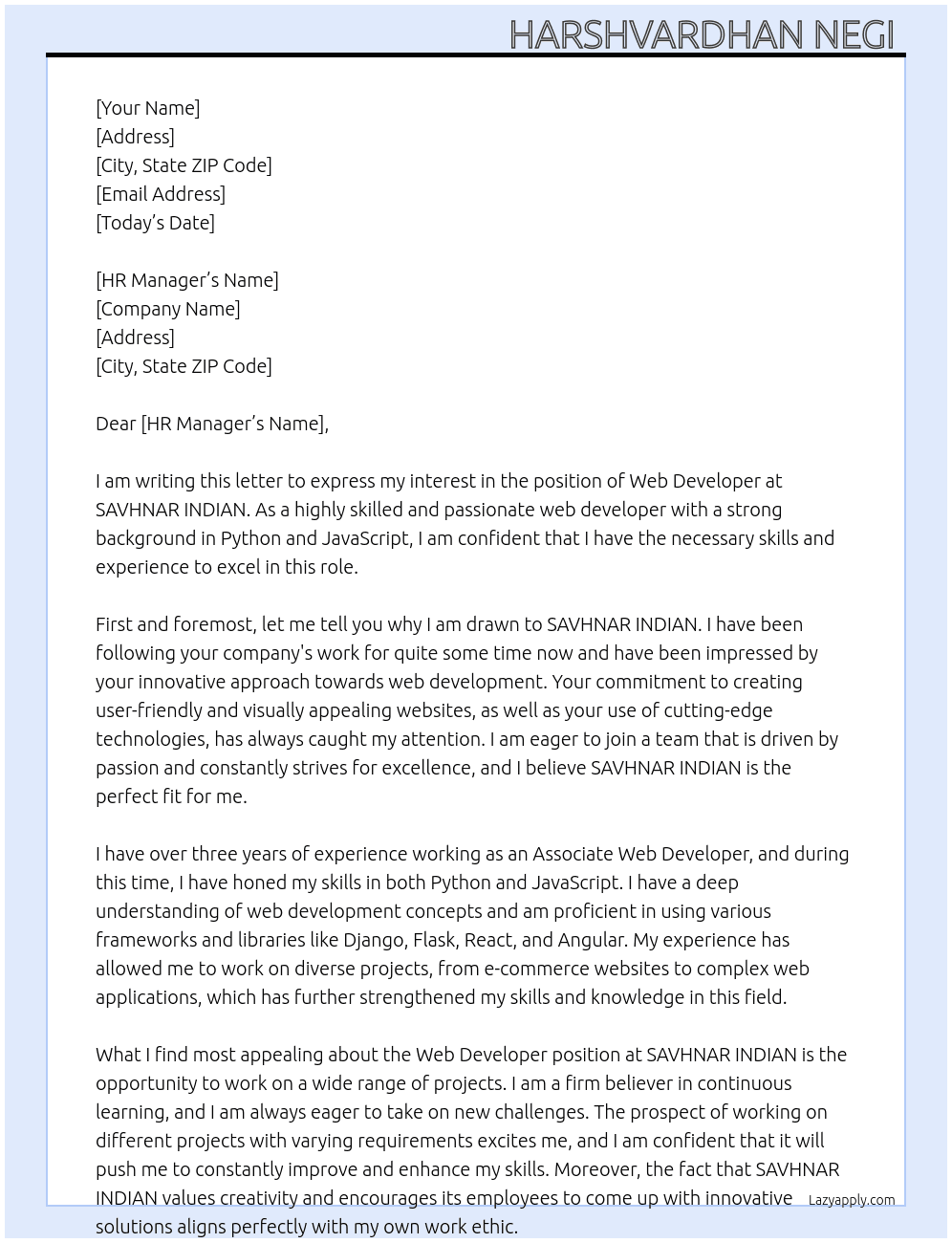 web developer At SAVHNAR INDIAN Cover Letter