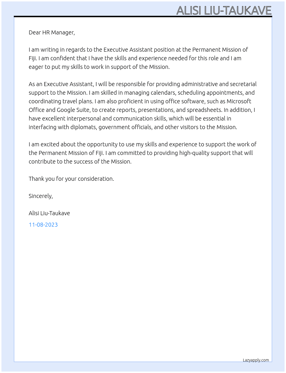 Executive Assistant At Permanent Mission of Fiji Cover Letter