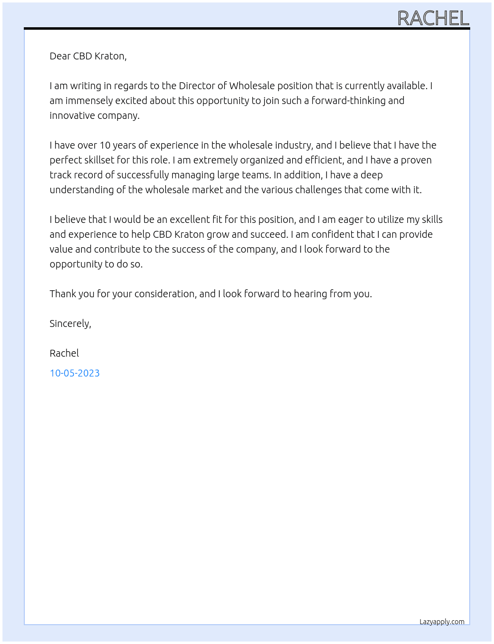 Director Of Wholesale At CBD Kraton Cover Letter