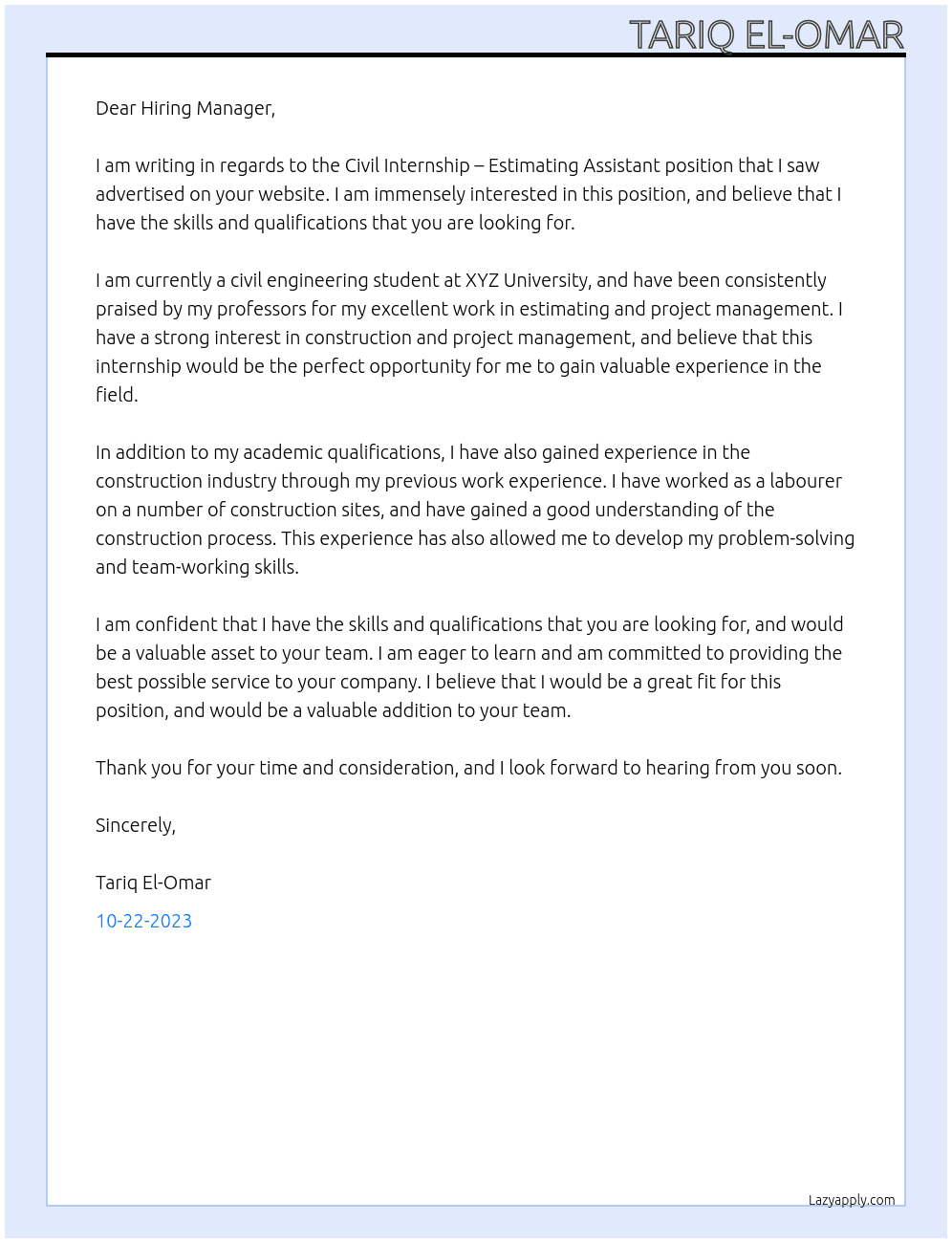 Civil Internship – Estimating Assistant At Ford Civil Cover Letter
