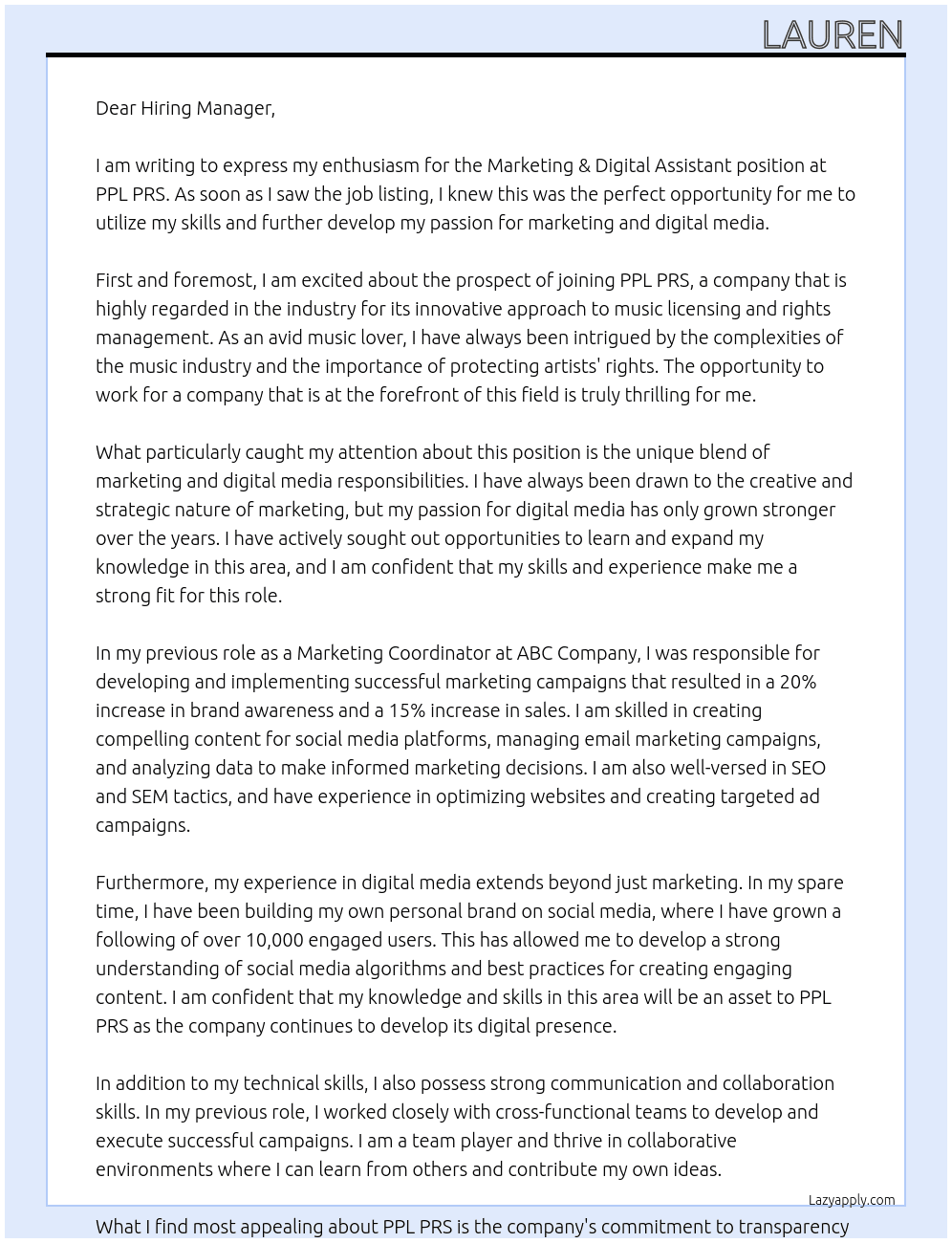 Marketing & Digital Assistant At PPL PRS Cover Letter