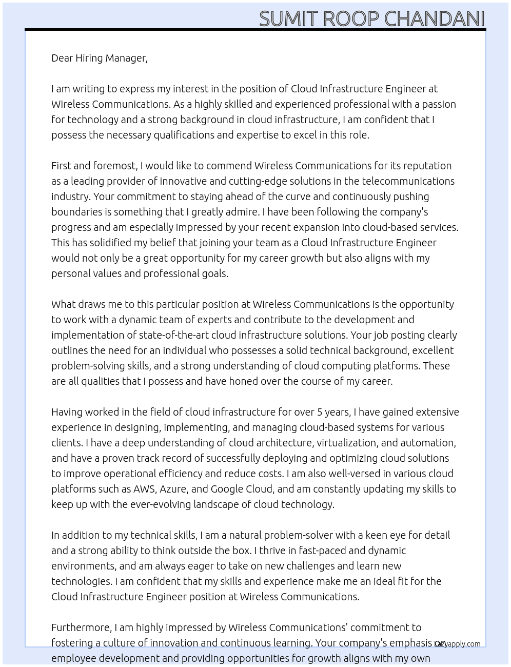 Cloud Infrastructure Engineer At Wireless Communications Cover Letter