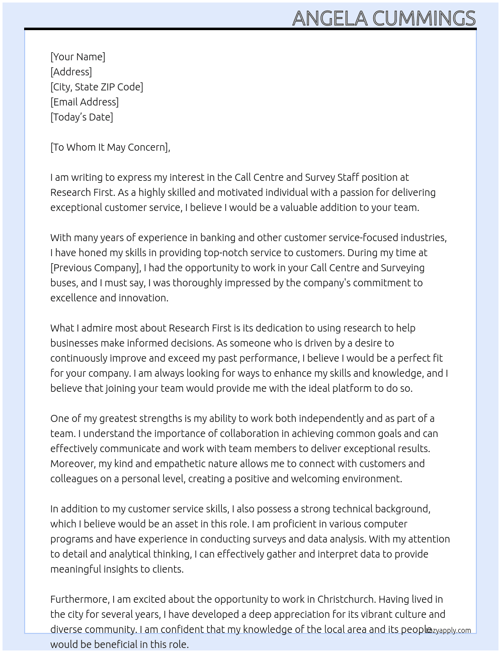 Call Centre and Survey Staff At Research First Cover Letter