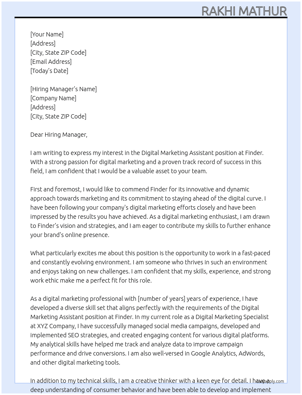 Digital Marketing Assistant At Finder Cover Letter
