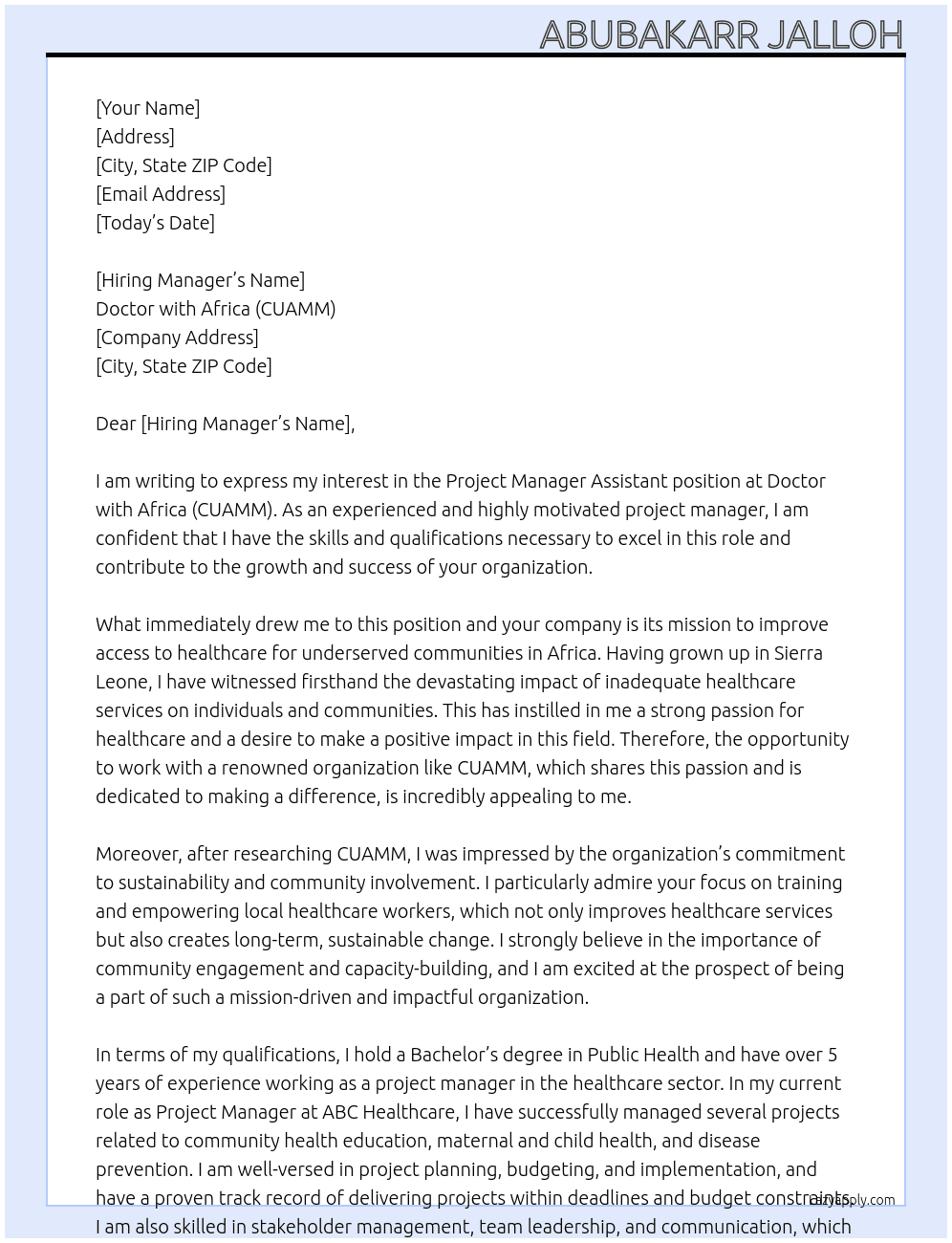 project manager assistant At Doctor with Africa (CUAMM) Cover Letter