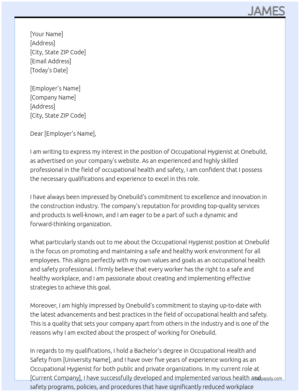 Occupational hygienist At Onebuild Cover Letter
