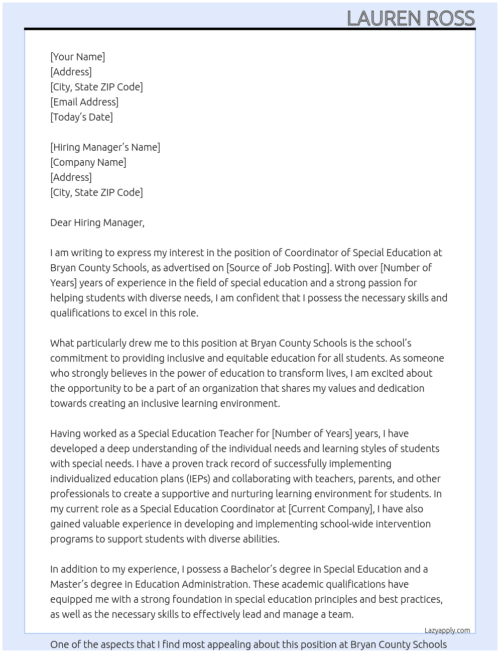 Coordinator of Special Education At Bryan County Schools Cover Letter