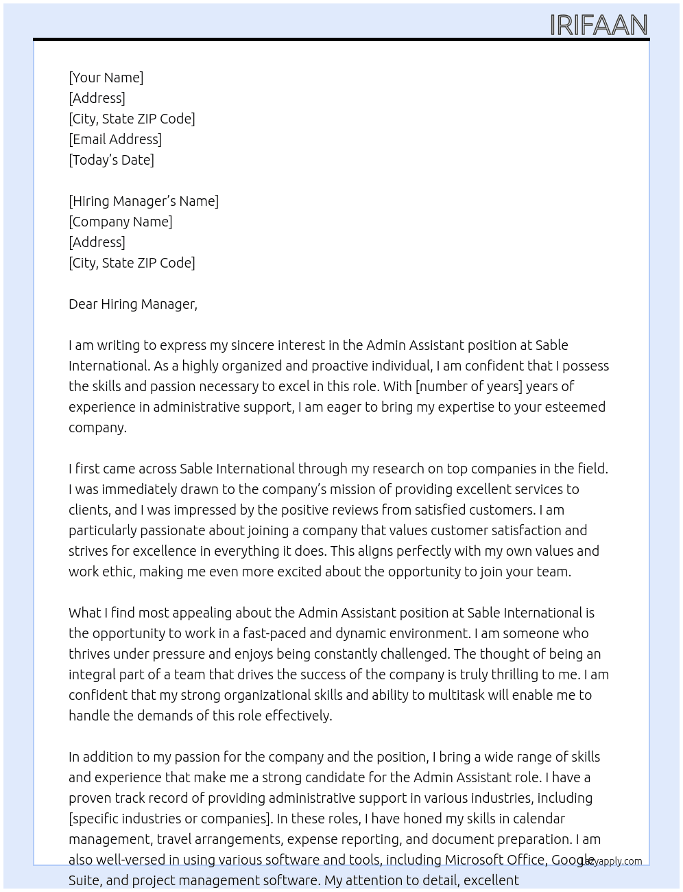 Admin Assistant At Sable International Cover Letter