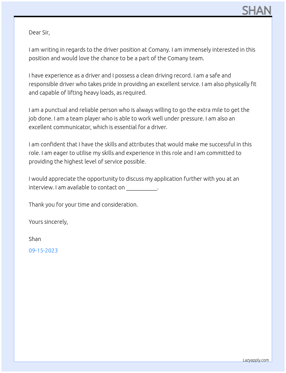 Driver At Comany Cover Letter