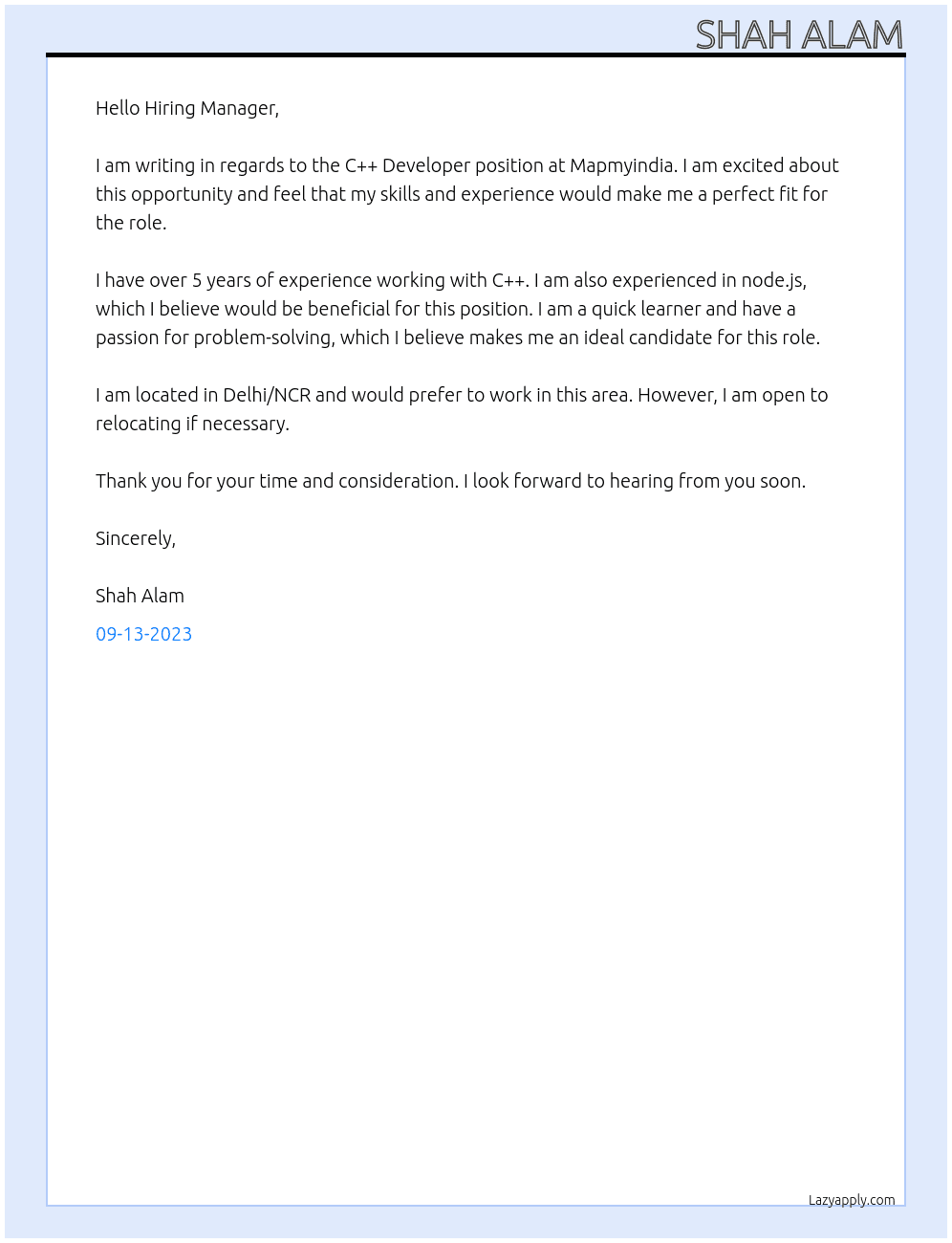 C++ Developer  At Mapmyindia Cover Letter