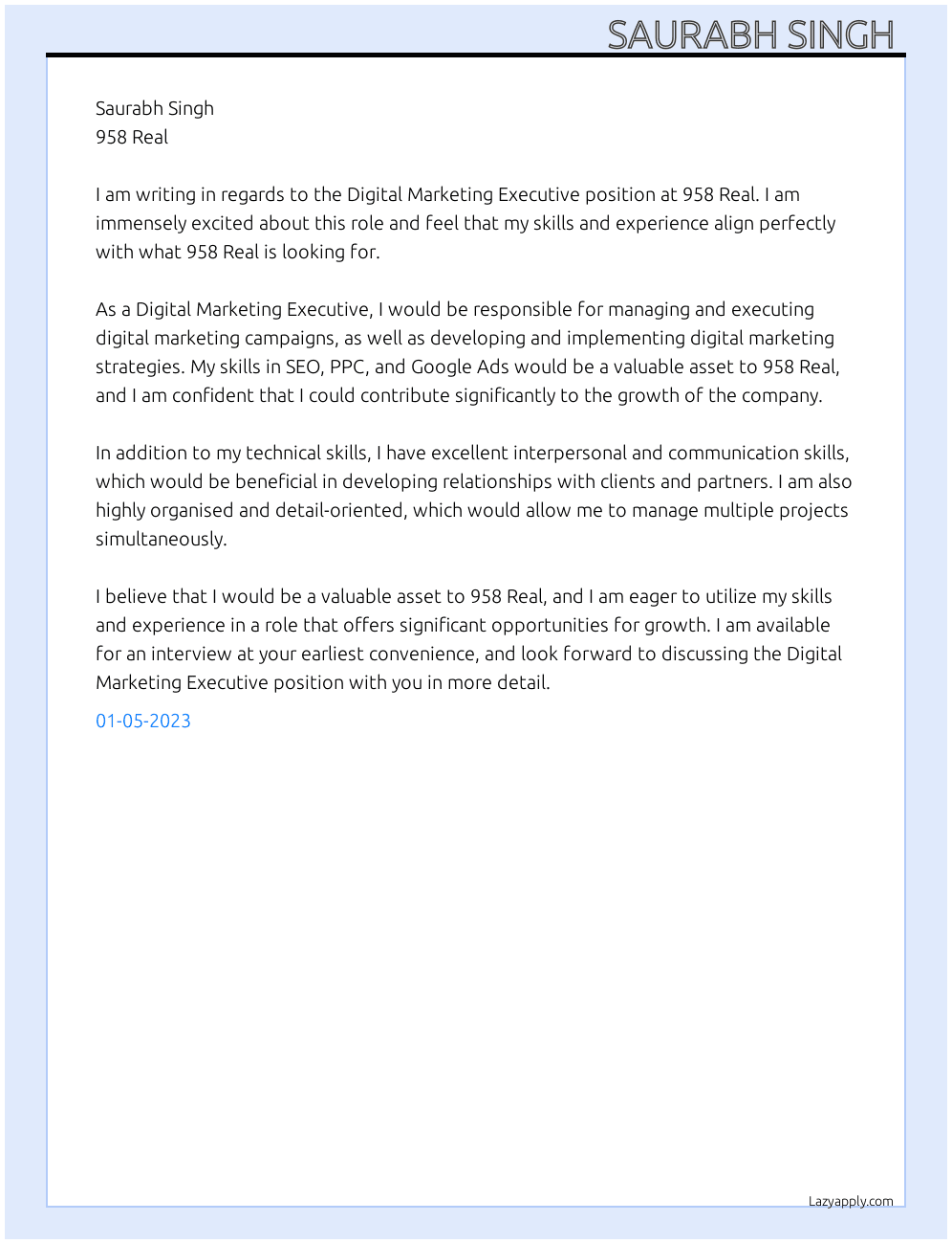Digital marketing executive  At 958 Real  Cover Letter