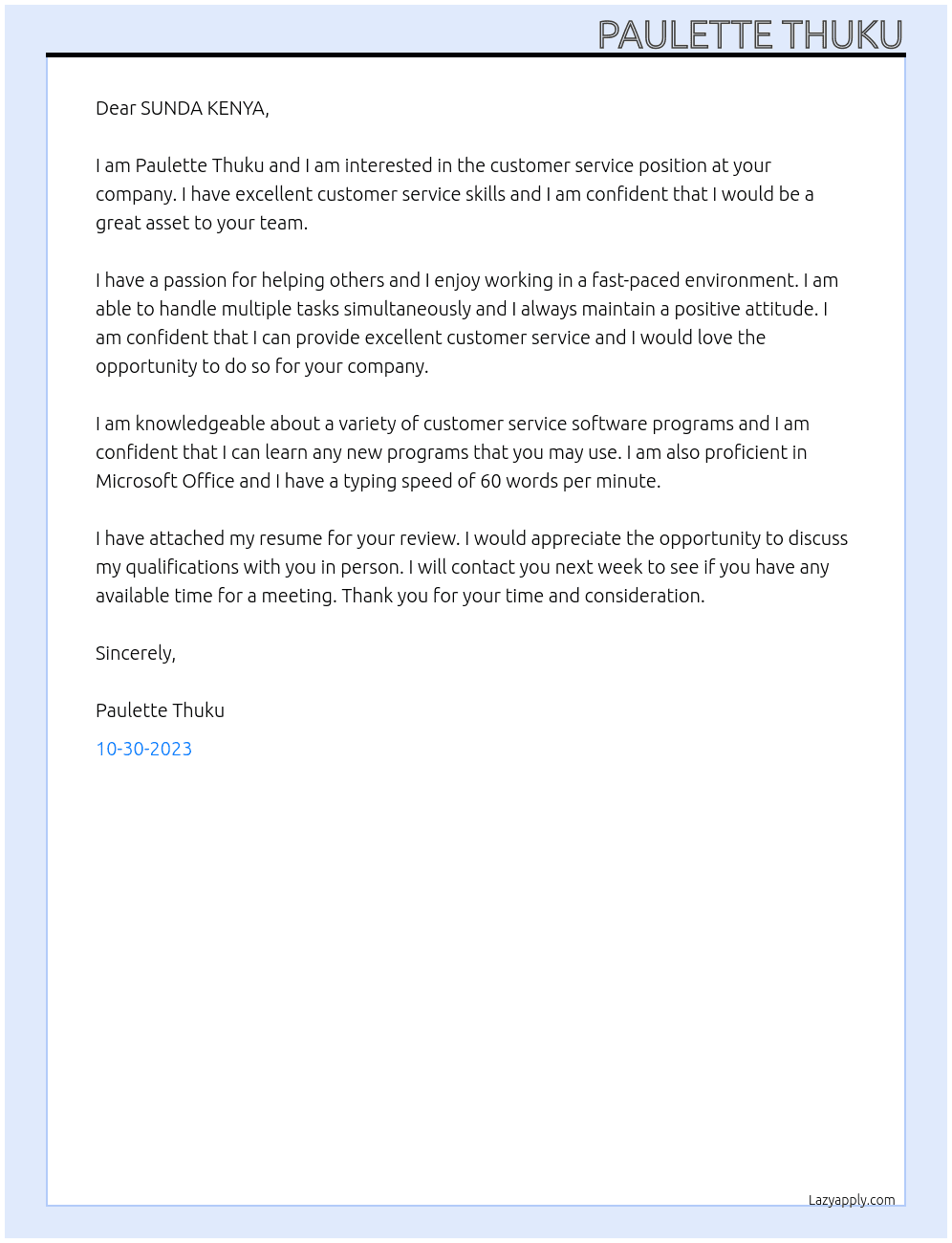 Customer service At SUNDA KENYA Cover Letter