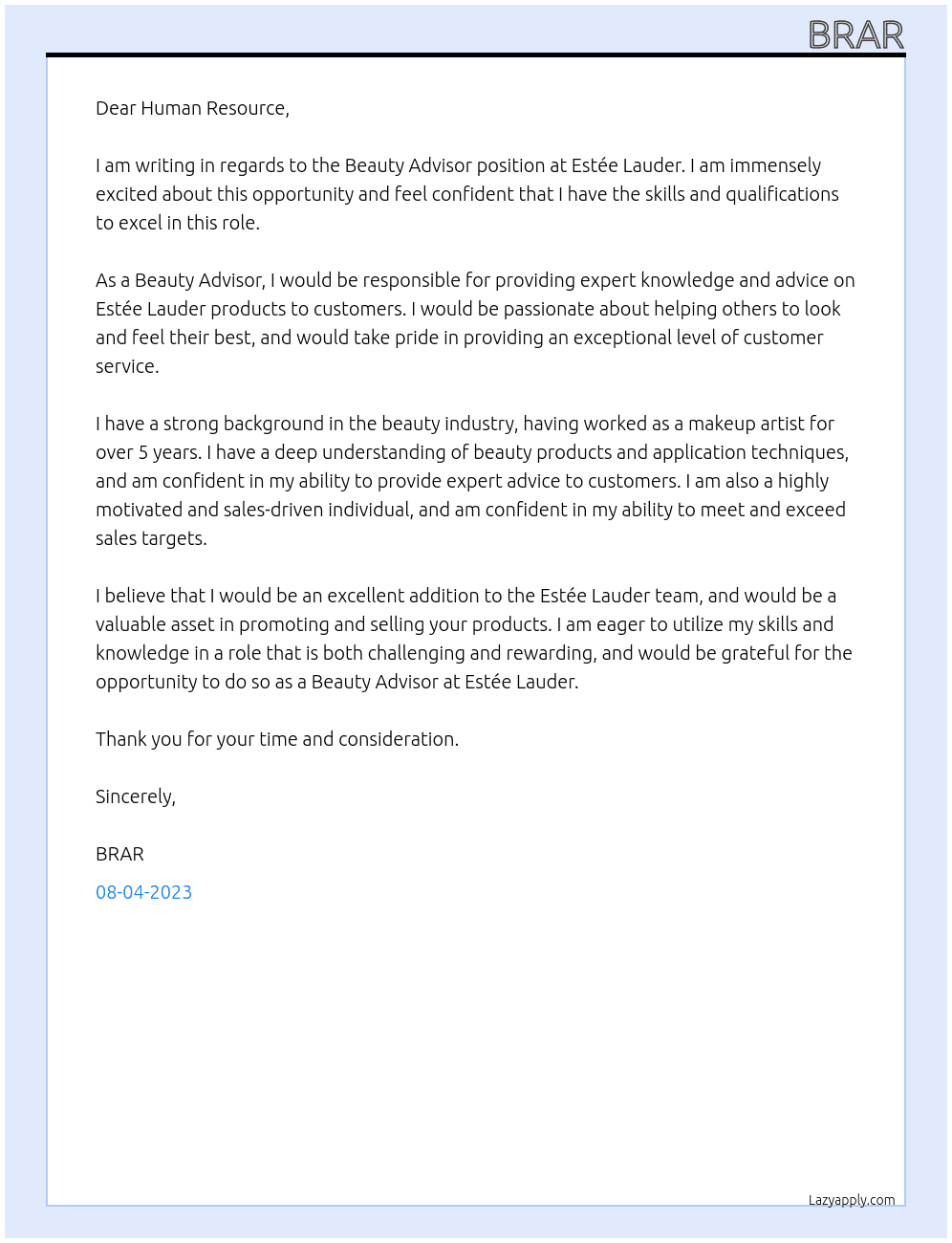 Beauty Advisor  At Estée Lauder Cover Letter