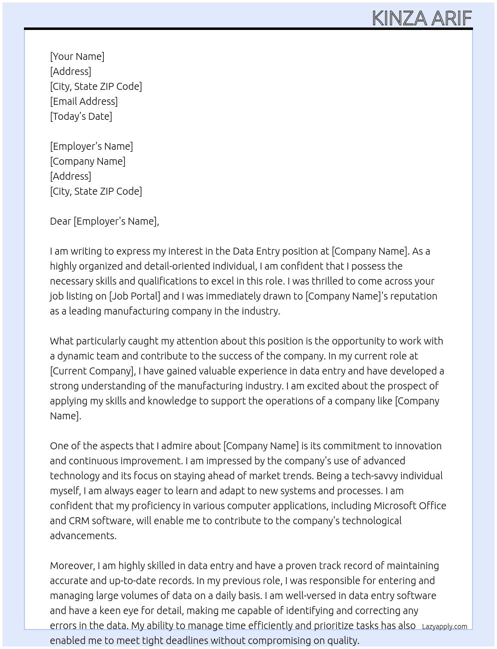 data entry At manufacturing company Cover Letter