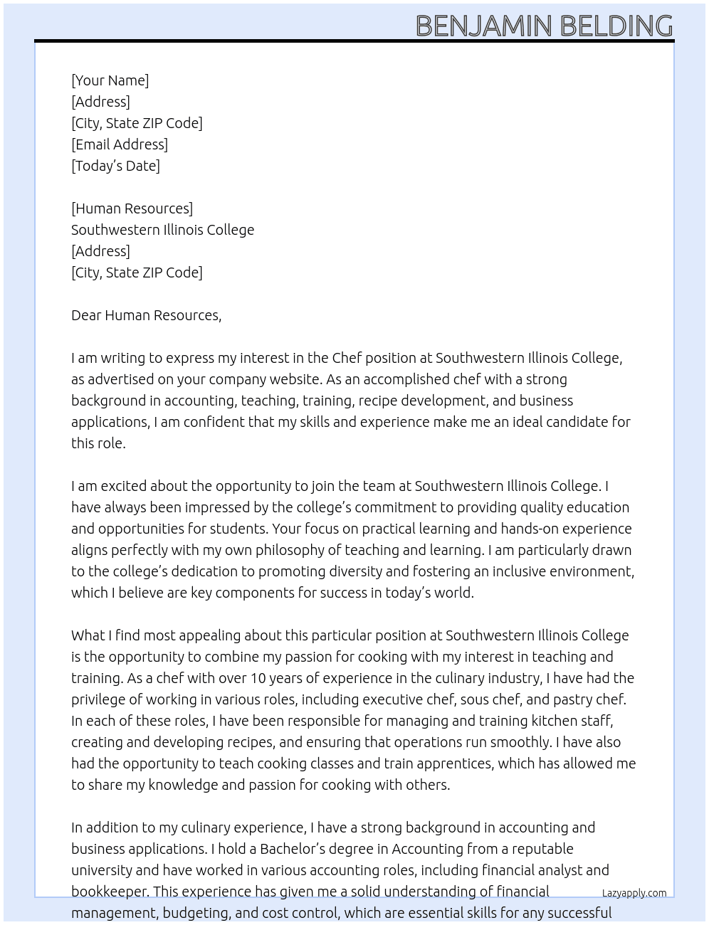 Chef At Southwestern Illinois College Cover Letter