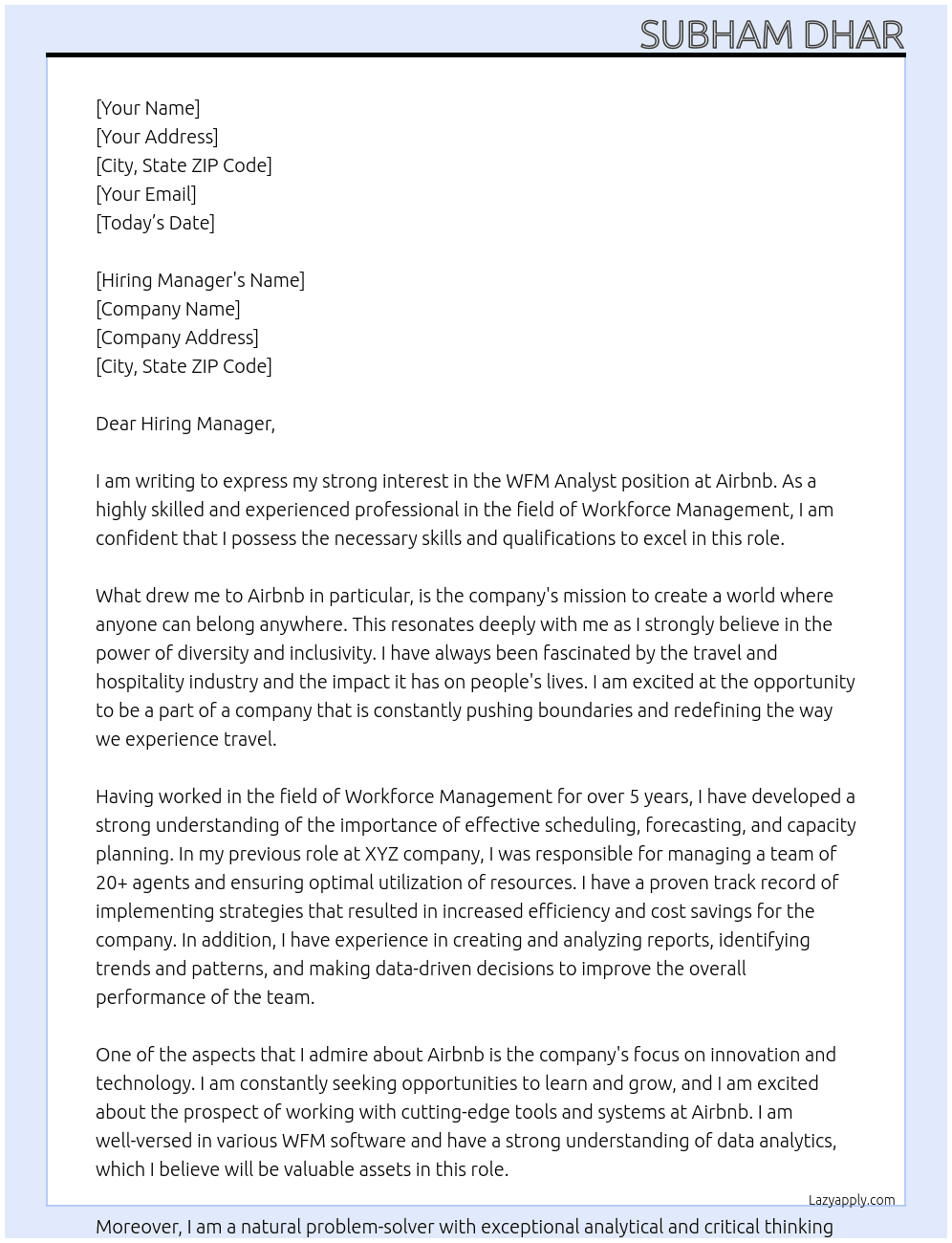 WFM Analyst At Airbnb Cover Letter