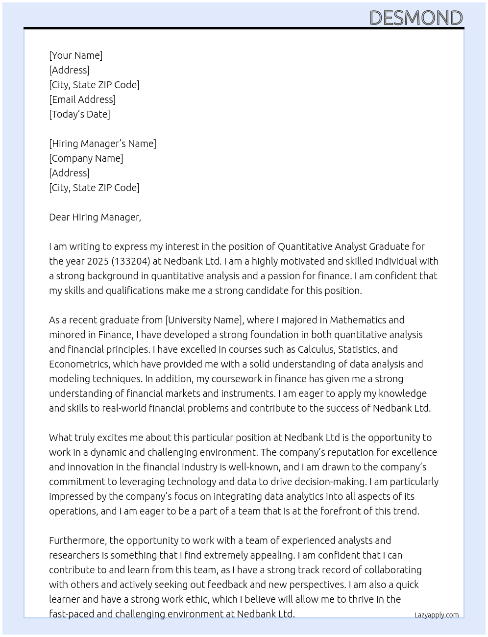 Quantitative Analyst Graduate 2025 (133204) At Nedbank Ltd Cover Letter