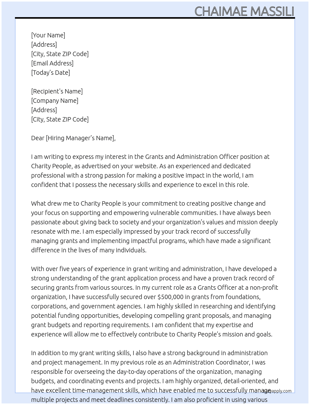 Grants and Administration Officer At CHARITY PEOPLE Cover Letter