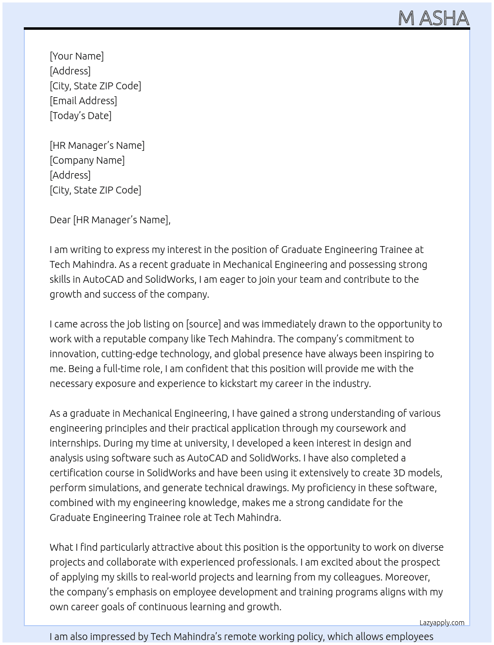 GRADUATE ENGINEERING TRAINEE At TECH MAHINDRA Cover Letter