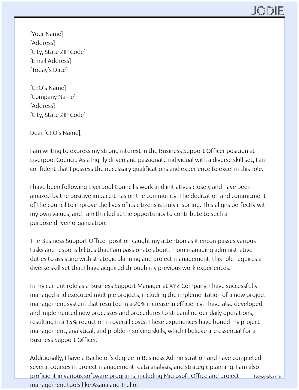 Business Support Officer At Liverpool Councl Cover Letter