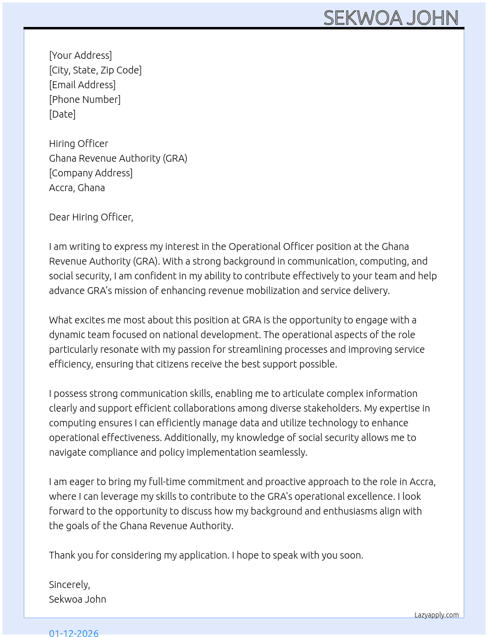 Operational officer  At Ghana revenue authority (GRA) Cover Letter